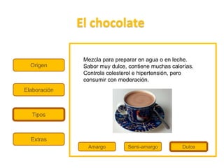 El chocolate

               Mezcla para preparar en agua o en leche.
  Origen       Sabor muy dulce, contiene muchas calorías.
               Controla colesterol e hipertensión, pero
               consumir con moderación.
Elaboración



  Tipos



  Extras
                Amargo          Semi-amargo         Dulce
 