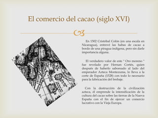 El comercio del cacao (siglo XVI)

              
                   En 1502 Cristóbal Colón (en una escala en
                 Nicaragua), entrevé las habas de cacao a
                 bordo de una piragua indígena, pero sin darle
                 importancia alguna.

                    El verdadero valor de este " Oro moreno "
                 fue revelado por Hernan Cortés, quien
                 después de haberlo saboreado al lado del
                 emperador Azteca Montezuma, lo lleva a la
                 corte de España (1528) con todo lo necesario
                 para la fabricación del brebaje.

                   Con la destrucción de la civilización
                 azteca, él emprende la intensificación de la
                 cultura del cacao sobre las tierras de la Nueva
                 España con el fin de ejercer un comercio
                 lucrativo con la Vieja Europa.
 
