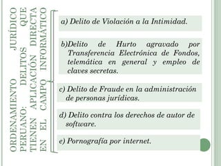 ORDENAMIENTO JURÍDICO PERUANO: DELITOS QUE TIENEN APLICACIÓN DIRECTA EN EL CAMPO INFORMÁTICO a) Delito de Violación a la Intimidad. b)Delito de Hurto agravado por Transferencia Electrónica de Fondos, telemática en general y empleo de claves secretas. c) Delito de Fraude en la administración de personas jurídicas. d) Delito contra los derechos de autor de software. e)  Pornografía por internet. 