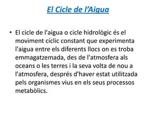 El Cicle de l’Aigua
• El cicle de l'aigua o cicle hidrològic és el
moviment cíclic constant que experimenta
l'aigua entre els diferents llocs on es troba
emmagatzemada, des de l'atmosfera als
oceans o les terres i la seva volta de nou a
l'atmosfera, després d'haver estat utilitzada
pels organismes vius en els seus processos
metabòlics.
 