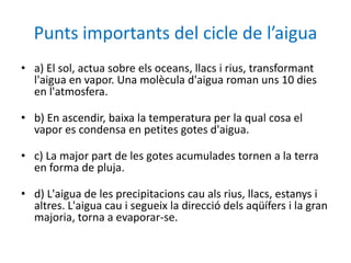 Punts importants del cicle de l’aigua
• a) El sol, actua sobre els oceans, llacs i rius, transformant
l'aigua en vapor. Una molècula d'aigua roman uns 10 dies
en l'atmosfera.
• b) En ascendir, baixa la temperatura per la qual cosa el
vapor es condensa en petites gotes d'aigua.
• c) La major part de les gotes acumulades tornen a la terra
en forma de pluja.
• d) L'aigua de les precipitacions cau als rius, llacs, estanys i
altres. L'aigua cau i segueix la direcció dels aqüífers i la gran
majoria, torna a evaporar-se.
 