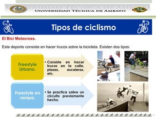 Tipos de ciclismo
El Bici Motocross.
Este deporte consiste en hacer trucos sobre la bicicleta. Existen dos tipos:

9

 