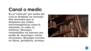 Es el “vehículo” por medio del
cual se desplaza un mensaje.
Hay mensajes que se
desplazan por ondas
electromagnéticas como la
televisión, la radio, la
telefonía. Mensajes
transmitidos vía internet por
medio de messenger, correo
electrónico. Mensajes escritos
en libros, periódicos, revistas.
 