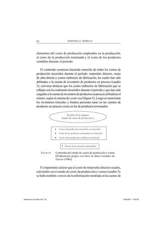 MARYSELA C. MORILLO62
elementos del costo de producción empleados en la producción,
el costo de la producción terminada y el costo de los productos
vendidos durante el periodo.
El contenido comienza haciendo mención de todos los costos de
producción incurridos durante el período: materiales directos, mano
de obra directa y costos indirectos de fabricación, los cuales han sido
debitados a la cuenta de inventario de productos en proceso (cuadro
3); conviene destacar que los costos indirectos de fabricación que se
reﬂejan son los realmente incurridos durante el período y que han sido
cargadosalacuentadeinventariodeproductosenprocesoalﬁnalizarel
mismo, según el sistema de costeo real (ﬁgura 5). Luego se mencionan
los inventarios (iniciales y ﬁnales) presentes tanto en las cuentas de
productos en proceso como en las de productos terminados.
FIGURA 6. Contenido del estado de costos de producción y ventas
(Elaboración propia con base en datos tomados de
García (1996))
Es importante aclarar que el costo de materiales directos usados,
calculados en el estado de costo de producción y ventas (cuadro3),
se halla también a través de la información mostrada en la cuenta de
Nombre de la empresa
Estado de costos de producción y
• Costos de producción incurridos en el periodo
• Costo de los productos terminados en el periodo
• Costo de la producción vendida en el periodo
• Firmas de las personas responsables
elaboracion de costos.indd 62elaboracion de costos.indd 62 13/04/2007 14:53:5613/04/2007 14:53:56
 
