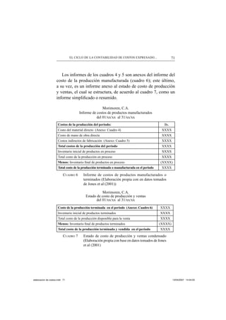71EL CICLO DE LA CONTABILIDAD DE COSTOS EXPRESADO...
Los informes de los cuadros 4 y 5 son anexos del informe del
costo de la producción manufacturada (cuadro 6); este último,
a su vez, es un informe anexo al estado de costo de producción
y ventas, el cual se estructura, de acuerdo al cuadro 7, como un
informe simpliﬁcado o resumido.
Morimoren, C.A.
Informe de costos de productos manufacturados
del 01/xx/xx al 31/xx/xx
Costos de la producción del periodo: Bs.
Costo del material directo (Anexo: Cuadro 4) XXXX
Costo de mano de obra directa XXXX
Costos indirectos de fabricación (Anexo: Cuadro 5) XXXX
Total costos de la producción del período XXXX
Inventario inicial de productos en proceso XXXX
Total costo de la producción en proceso XXXX
Menos: Inventario ﬁnal de productos en proceso (XXXX)
Total costo de la producción terminada o manufacturada en el periodo XXXX
CUADRO 6 Informe de costos de productos manufacturados o
terminados (Elaboración propia con en datos tomados
de Jones et al (2001))
Morimoren, C.A.
Estado de costo de producción y ventas
del 01/xx/xx al 31/xx/xx
Costo de la producción terminada en el periodo (Anexo: Cuadro 6) XXXX
Inventario inicial de productos terminados XXXX
Total costo de la producción disponible para la venta XXXX
Menos: Inventario ﬁnal de productos terminados (XXXX)
Total costo de la producción terminada y vendida en el periodo XXXX
CUADRO 7 Estado de costo de producción y ventas condensado
(Elaboración propia con base en datos tomados de Jones
et al (2001)
elaboracion de costos.indd 71elaboracion de costos.indd 71 13/04/2007 14:54:0313/04/2007 14:54:03
 