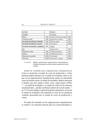 MARYSELA C. MORILLO74
ACTIVO PASIVO
Circulante Circulante
Bancos XXX Cuentas y efectos por pagar XXX
Cuentas por cobrar XXX Retenciones y aportes XXX
Inventario de productos terminados XXX ISLR por pagar XXX
Inventario de productos en proceso XXX Total pasivo XXXX
Inventario de materiales y suministros XXX Capital
Fijo Capital social XXX
Maquinaria y equipo XXX Utilidad acumulada XXX
Ediﬁcios XXX Utilidad del ejercicio XXX
Depreciación acumulada (XXX) Total capital XXX
Total activo XXXX Total pasivo y capital XXXX
CUADRO 8 Balance general para organizaciones manufactureras.
(Elaboración propia con base en datos tomados de García
(1996))
Estado de resultado para organizaciones manufactureras
Como se mencionó el estado de costo de producción y ventas
presenta amplia relación con el estado de resultados, tanto es así
que en las organizaciones manufactureras puede ser presentado
como un informe anexo al estado de resultados, dada la extensión
y detalles que éste implica. Otras veces, según Gayle (1999),
“… el estado de resultados y el estado de costos de los artículos
manufacturados... pueden combinarse dentro de un solo estado...”
(p. 37). En este trabajo se utilizará la primera alternativa, en la cual
el estado de resultados sólo reportará el costo de los productos
vendidos presentado por el estado de costo de producción y
ventas.
El estado de resultados en las organizaciones manufactureras
es similar a la estructura descrita para las comercializadoras y
elaboracion de costos.indd 74elaboracion de costos.indd 74 13/04/2007 14:54:0413/04/2007 14:54:04
 