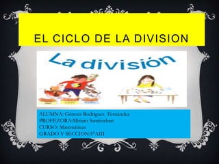 EL CICLO DE LA DIVISION
ALUMNA: Génesis Rodríguez Fernández
PROFEZORA:Miriam Santisteban
CURSO: Matemáticas
GRADO Y SECCION:5°AIII