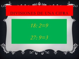 DIVISIONES DE UNA CIFRA
18: 2=9
27: 9=3