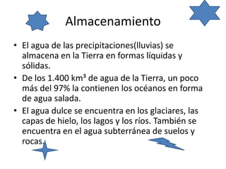 Almacenamiento
• El agua de las precipitaciones(lluvias) se
almacena en la Tierra en formas líquidas y
sólidas.
• De los 1.400 km³ de agua de la Tierra, un poco
más del 97% la contienen los océanos en forma
de agua salada.
• El agua dulce se encuentra en los glaciares, las
capas de hielo, los lagos y los ríos. También se
encuentra en el agua subterránea de suelos y
rocas.
 