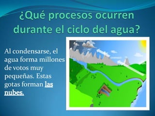 ¿Qué procesos ocurren durante el ciclo del agua?El sol calienta la superficie del suelo, así como la superficie de los cuerpos de agua. Al calentarse, el agua se evapora y sube a la atmósfera en forma de gas. Éste proceso se llama evaporación.