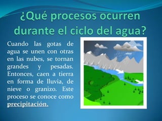 ¿Qué procesos ocurren durante el ciclo del agua?El vapor de agua es el nombre que recibe el agua en forma de gas el vapor de agua se enfría al subir a la atmósfera, pasa de gas a líquido. Éste proceso se conoce como condensación.