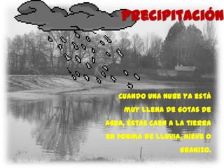 precipitación




   Cuando una nube ya está
    muy llena de gotas de
agua, éstas caen a la tierra
en forma de lluvia, nieve o
                   granizo.
 