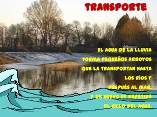 transporte


     El agua de la lluvia
forma pequeños arroyos
que la transportan hasta
               los ríos y
         después al mar.
  Y de nuevo se repetirá
       el Ciclo del Agua.
 