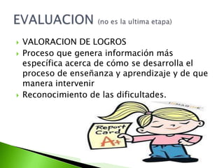  VALORACION DE LOGROS
 Proceso que genera información más
específica acerca de cómo se desarrolla el
proceso de enseñanza y aprendizaje y de que
manera intervenir
 Reconocimiento de las dificultades.
 