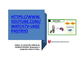 HTTPS://WWW.
YOUTUBE.COM/
WATCH?V=J4GE
P4DTRYO
VIDEO : EL CICLO DEL HÁBITO de
CHARLES DUHIGG. Responden a
preguntas sobre el video.
 