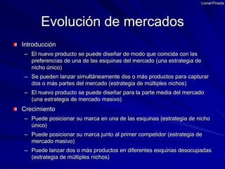 Lionel PinedaIntroducciónEl nuevo producto se puede diseñar de modo que coincida con las preferencias de una de las esquinas del mercado (una estrategia de nicho único)Se pueden lanzar simultáneamente dos o más productos para capturar dos o más partes del mercado (estrategia de múltiples nichos)El nuevo producto se puede diseñar para la parte media del mercado (una estrategia de mercado masivo)CrecimientoPuede posicionar su marca en una de las esquinas (estrategia de nicho único)Puede posicionar su marca junto al primer competidor (estrategia de mercado masivo)Puede lanzar dos o más productos en diferentes esquinas desocupadas (estrategia de múltiples nichos)Evolución de mercados