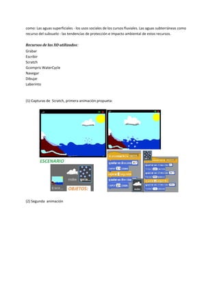 como: Las aguas superficiales - los usos sociales de los cursos fluviales. Las aguas subterráneas como
recurso del subsuelo - las tendencias de protección e impacto ambiental de estos recursos.

Recursos de las XO utilizados:
Grabar
Escribir
Scratch
Gcompris WaterCycle
Navegar
Dibujar
Laberinto



(1) Capturas de Scratch, primera animación propueta:




(2) Segunda animación
 