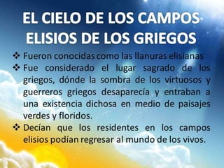  Fueron conocidas como las llanuras elisianas
 Fue considerado el lugar sagrado de los
griegos, dónde la sombra de los virtuosos y
guerreros griegos desaparecía y entraban a
una existencia dichosa en medio de paisajes
verdes y floridos.
 Decían que los residentes en los campos
elisios podían regresar al mundo de los vivos.
 