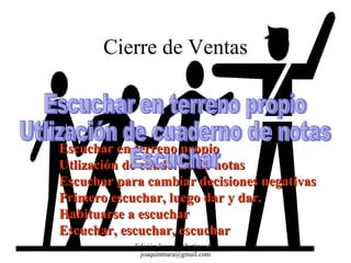 Cierre de Ventas Escuchar en terreno propio Utlización de cuaderno de notas Escuchar para cambiar decisiones negativas Primero escuchar, luego dar y dar. Habituarse a escuchar Escuchar, escuchar, escuchar Escuchar en terreno propio Utlización de cuaderno de notas Escuchar  Edición Joaquín Martínez R., joaquinmara@gmail.com 