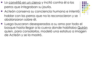 Lo  convirtió en un ciervo  y incitó contra él a los  perros que integraban su jauría. Acteón conserva su conciencia humana e intentó hablar con los perros que no lo reconocieron y se abalanzaron sobre él.  Luego buscaron desesperados a su amo por todo el bosque hasta llegar a la cueva donde habitaba  Quirón  quien, para consolarlos, modeló una estatua a imagen de Acteón y se la mostró. 
