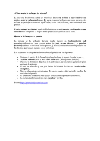 ¿Cómo ayuda la melaza a las plantas?
La mayoría de informes sobre los beneficios de añadir melaza al suelo indica una
mejora general en las condiciones del suelo. Algunos jardineros aseguran que con este
método se produjo un aumento significativo en su cultivo frutas y crecimiento de sus
plantas .
Productores de marihuana medicinal informan de un crecimiento considerado en sus
cosechas tras comprobar la mejora de las propiedades químicas de su suelo.
Que es la Melaza para el ganado
La melaza se ha utilizado durante mucho tiempo en la alimentación del
ganado principalmente para ganado ovino (ovejas), vacuno (Vacas,..) y porcino
(Cerdos) debido a su inclusión en los piensos, y más recientemente como ingrediente en
las fábricas que venden mezclas con o sin forraje.
Las razones de su uso para la alimentación del ganado son las siguientes:
 Mejoran el apetito de la flora rúminal ayudando en la ingesta de paja, heno…,
 Ayudan a enmascarar el mal sabor de la urea (Nitrogeno no proteico)
 Previene la formación de polvo en la elaboración de los piensos generando gran
cantidad de gránulos
 Es rica en minerales y una gran fuente de hidratos de carbono con alto valor
energético.
 Nuevas alternativas nutricionales de menor precio están haciendo cambiar la
nutrición del ganado.
 Es una buena alternativa para reducir costos como suplemento alimenticio.
 La melaza también se utiliza para caballos y cerdos.
Fuente:https://propiedades-curativas.com
 