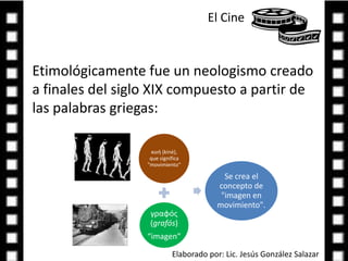 El Cine Etimológicamente fue un neologismo creado a finales del siglo XIX compuesto a partir de las palabras griegas:Elaborado por: Lic. Jesús González Salazar