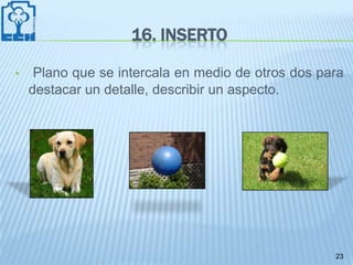 16. INSERTO

•    Plano que se intercala en medio de otros dos para
    destacar un detalle, describir un aspecto.




                                                    23
 
