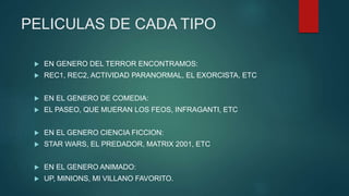 PELICULAS DE CADA TIPO
 EN GENERO DEL TERROR ENCONTRAMOS:
 REC1, REC2, ACTIVIDAD PARANORMAL, EL EXORCISTA, ETC
 EN EL GENERO DE COMEDIA:
 EL PASEO, QUE MUERAN LOS FEOS, INFRAGANTI, ETC
 EN EL GENERO CIENCIA FICCION:
 STAR WARS, EL PREDADOR, MATRIX 2001, ETC
 EN EL GENERO ANIMADO:
 UP, MINIONS, MI VILLANO FAVORITO.
 
