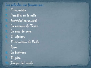Las películas mas famosas son:
1. El exorcista
2. Pesadilla en la calle
3. Actividad paranormal
4. La masacre de Texas
5. La casa de cera
6. El orfanato
7. El exorcismo de Emily
Rose
8. La huérfana
9. El grito
10. Juegos del miedo

 