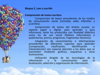 Bloque 2. Leer y escribir

Comprensión de textos escritos:
        Comprensión de textos procedentes de los medios
  de comunicación social (incluidas webs infantiles y
  juveniles).
        Comprensión de textos del ámbito escolar, en
  soporte papel o digital, para aprender y para
  informarse, tanto los producidos con finalidad didáctica
  como los de uso social (folletos informativos o
  publicitarios, prensa, programas, fragmentos literarios).
        Integración de conocimientos e informaciones
  procedentes de diferentes soportes para aprender
  (comparación,        clasificación,     identificación     e
  interpretación) con especial atención a los datos que se
  transmiten mediante gráficos, esquemas y otras
  ilustraciones.
        Utilización dirigida de las tecnologías de la
  información       y     la     comunicación       para    la
  localización, selección y organización de información.
 