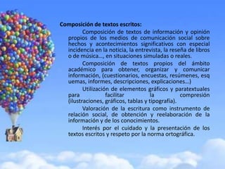 Composición de textos escritos:
         Composición de textos de información y opinión
  propios de los medios de comunicación social sobre
  hechos y acontecimientos significativos con especial
  incidencia en la noticia, la entrevista, la reseña de libros
  o de música…, en situaciones simuladas o reales.
         Composición de textos propios del ámbito
  académico para obtener, organizar y comunicar
  información, (cuestionarios, encuestas, resúmenes, esq
  uemas, informes, descripciones, explicaciones…)
         Utilización de elementos gráficos y paratextuales
  para             facilitar          la          compresión
  (ilustraciones, gráficos, tablas y tipografía).
         Valoración de la escritura como instrumento de
  relación social, de obtención y reelaboración de la
  información y de los conocimientos.
         Interés por el cuidado y la presentación de los
  textos escritos y respeto por la norma ortográfica.
 