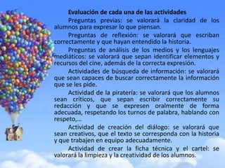 Evaluación de cada una de las actividades
     Preguntas previas: se valorará la claridad de los
alumnos para expresar lo que piensan.
     Preguntas de reflexión: se valorará que escriban
correctamente y que hayan entendido la historia.
     Preguntas de análisis de los medios y los lenguajes
mediáticos: se valorará que sepan identificar elementos y
recursos del cine, además de la correcta expresión.
     Actividades de búsqueda de información: se valorará
que sean capaces de buscar correctamente la información
que se les pide.
     Actividad de la piratería: se valorará que los alumnos
sean críticos, que sepan escribir correctamente su
redacción y que se expresen oralmente de forma
adecuada, respetando los turnos de palabra, hablando con
respeto,…
     Actividad de creación del diálogo: se valorará que
sean creativos, que el texto se corresponda con la historia
y que trabajen en equipo adecuadamente.
     Actividad de crear la ficha técnica y el cartel: se
valorará la limpieza y la creatividad de los alumnos.
 