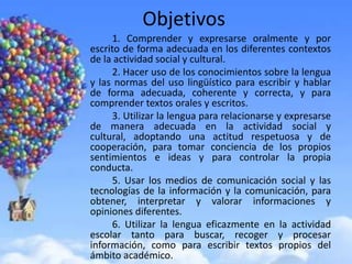 Objetivos
     1. Comprender y expresarse oralmente y por
escrito de forma adecuada en los diferentes contextos
de la actividad social y cultural.
     2. Hacer uso de los conocimientos sobre la lengua
y las normas del uso lingüístico para escribir y hablar
de forma adecuada, coherente y correcta, y para
comprender textos orales y escritos.
     3. Utilizar la lengua para relacionarse y expresarse
de manera adecuada en la actividad social y
cultural, adoptando una actitud respetuosa y de
cooperación, para tomar conciencia de los propios
sentimientos e ideas y para controlar la propia
conducta.
     5. Usar los medios de comunicación social y las
tecnologías de la información y la comunicación, para
obtener, interpretar y valorar informaciones y
opiniones diferentes.
     6. Utilizar la lengua eficazmente en la actividad
escolar tanto para buscar, recoger y procesar
información, como para escribir textos propios del
ámbito académico.
 