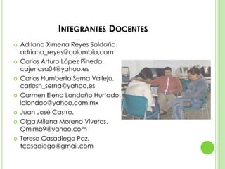 Integrantes DocentesAdriana Ximena Reyes Saldaña. adriana_reyes@colombia.comCarlos Arturo López Pineda. cajenasa04@yahoo.esCarlos Humberto Serna Vallejo. carlosh_serna@yahoo.esCarmen Elena Londoño Hurtado. lclondoo@yahoo.com.mxJuan José Castro.Olga Milena Moreno Viveros. Omimo9@yahoo.comTeresa Casadiego Paz. tcasadiego@gmail.com