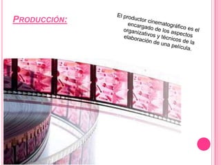 Producción:El productor cinematográfico es el encargado de los aspectos organizativos y técnicos de la elaboración de una película.
