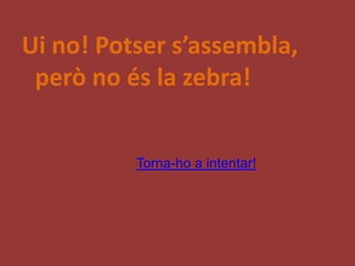 Ui no! Potser s’assembla,
 però no és la zebra!


          Torna-ho a intentar!
 
