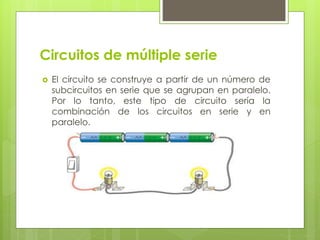 Circuitos de múltiple serie
 El circuito se construye a partir de un número de
subcircuitos en serie que se agrupan en paralelo.
Por lo tanto, este tipo de circuito sería la
combinación de los circuitos en serie y en
paralelo.
 