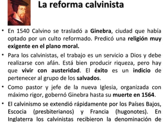 La reforma calvinistaLa reforma calvinista
• En 1540 Calvino se trasladó a Ginebra, ciudad que había
optado por un culto reformado. Predicó una religión muy
exigente en el plano moral.
• Para los calvinistas, el trabajo es un servicio a Dios y debe
realizarse con afán. Está bien producir riqueza, pero hay
que vivir con austeridad. El éxito es un indicio de
pertenecer al grupo de los salvados.
• Como pastor y jefe de la nueva Iglesia, organizada con
máximo rigor, gobernó Ginebra hasta su muerte en 1564.
• El calvinismo se extendió rápidamente por los Países Bajos,El calvinismo se extendió rápidamente por los Países Bajos,
Escocia (presbiterianos) y Francia (hugonotes). EnEscocia (presbiterianos) y Francia (hugonotes). En
Inglaterra los calvinistas recibieron la denominación deInglaterra los calvinistas recibieron la denominación de
 