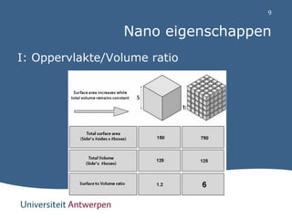 9 
Nano eigenschappen 
I: Oppervlakte/Volume ratio 
http://www.youtube.com/watch?v=2NySRur62gg 
 