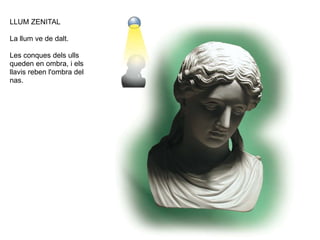LLUM ZENITAL
La llum ve de dalt.
Les conques dels ulls
queden en ombra, i els
llavis reben l'ombra del
nas.
 