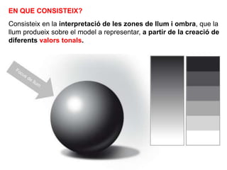 Consisteix en la interpretació de les zones de llum i ombra, que la
llum produeix sobre el model a representar, a partir de la creació de
diferents valors tonals.
EN QUE CONSISTEIX?
 