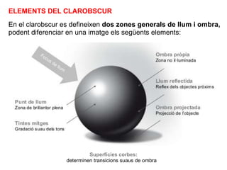 En el clarobscur es defineixen dos zones generals de llum i ombra,
podent diferenciar en una imatge els següents elements:
ELEMENTS DEL CLAROBSCUR
Superfícies corbes:
determinen transicions suaus de ombra
 