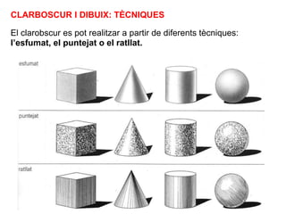 El clarobscur es pot realitzar a partir de diferents tècniques:
l’esfumat, el puntejat o el ratllat.
CLARBOSCUR I DIBUIX: TÈCNIQUES
 