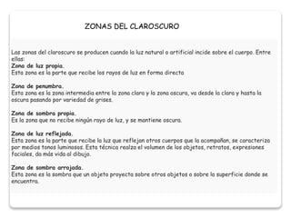 Las zonas del claroscuro se producen cuando la luz natural o artificial incide sobre el cuerpo. Entre
ellas:
Zona de luz propia.
Esta zona es la parte que recibe los rayos de luz en forma directa
Zona de penumbra.
Esta zona es la zona intermedia entre la zona clara y la zona oscura, va desde la clara y hasta la
oscura pasando por variedad de grises.
Zona de sombra propia.
Es la zona que no recibe ningún rayo de luz, y se mantiene oscura.
Zona de luz reflejada.
Esta zona es la parte que recibe la luz que reflejan otros cuerpos que la acompañan, se caracteriza
por medios tonos luminosos. Esta técnica realza el volumen de los objetos, retratos, expresiones
faciales, da más vida al dibujo.
Zona de sombra arrojada.
Esta zona es la sombra que un objeto proyecta sobre otros objetos o sobre la superficie donde se
encuentra.
ZONAS DEL CLAROSCURO
 