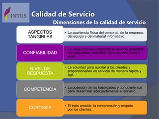 • La apariencia física del personal, de la empresa,
del equipo y del material informativo.
ASPECTOS
TANGIBLES
• La capacidad de desarrollar el servicio prometido
con seguridad, exactitud, libre de daño, falla o
error.
CONFIABILIDAD
• La voluntad para auxiliar a los clientes y
proporcionarles un servicio de manera rápida y
ágil.
NIVEL DE
RESPUESTA
• La posesión de las habilidades y conocimientos
para desarrollar adecuadamente el servicio.COMPETENCIA
• El trato amable, la comprensión y respeto
por los clientes.CORTESIA
Dimensiones de la calidad de servicio
Calidad de Servicio
 