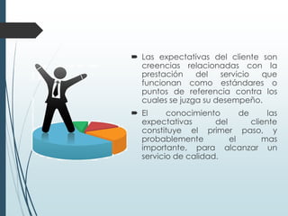  Las expectativas del cliente son
  creencias relacionadas con la
  prestación    del   servicio que
  funcionan como estándares o
  puntos de referencia contra los
  cuales se juzga su desempeño.
 El     conocimiento       de      las
  expectativas       del       cliente
  constituye el primer paso, y
  probablemente          el       mas
  importante, para alcanzar un
  servicio de calidad.
 