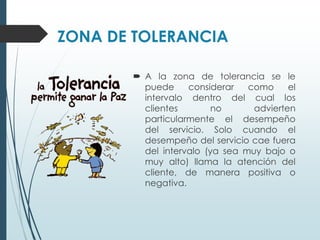 ZONA DE TOLERANCIA

        A la zona de tolerancia se le
         puede     considerar   como     el
         intervalo dentro del cual los
         clientes        no      advierten
         particularmente el desempeño
         del servicio. Solo cuando el
         desempeño del servicio cae fuera
         del intervalo (ya sea muy bajo o
         muy alto) llama la atención del
         cliente, de manera positiva o
         negativa.
 