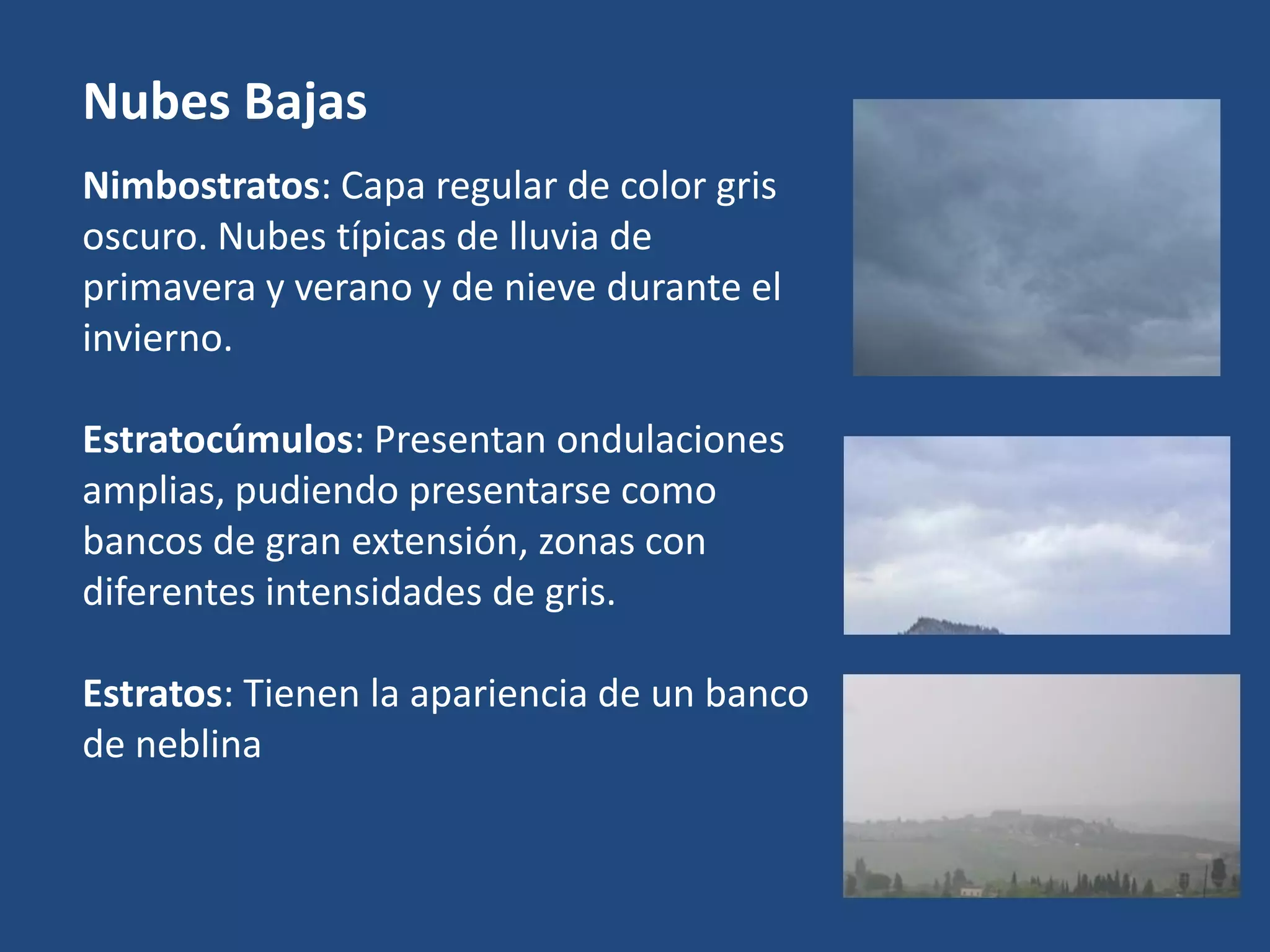 Nubes Bajas
Nimbostratos: Capa regular de color gris
oscuro. Nubes típicas de lluvia de
primavera y verano y de nieve durante el
invierno.
Estratocúmulos: Presentan ondulaciones
amplias, pudiendo presentarse como
bancos de gran extensión, zonas con
diferentes intensidades de gris.

Estratos: Tienen la apariencia de un banco
de neblina

 