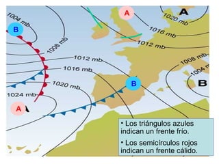 B
B
A
A
• Los triángulos azules
indican un frente frío.
• Los semicírculos rojos
indican un frente cálido.
 