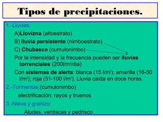 Tipos de precipitaciones.
1.-Lluvias:
A)Llovizna (altoestrato)
B) lluvia persistente (nimboestrato)
C) Chubasco (cumulonimbo)
Por la intensidad y la frecuencia pueden ser lluvias
torrenciales (200l/m2
/dia)
Con sistemas de alerta: blanca (15 l/m2
); amarilla (16-50
l/m2
); roja (51-100 l/m2
). Lluvia caída en doce horas.
2.-Tormentas:(cumulonimbo)
electrificación: rayos y truenos
3.-Nieve y granizo:
Aludes, ventiscas y pedrisco
 
